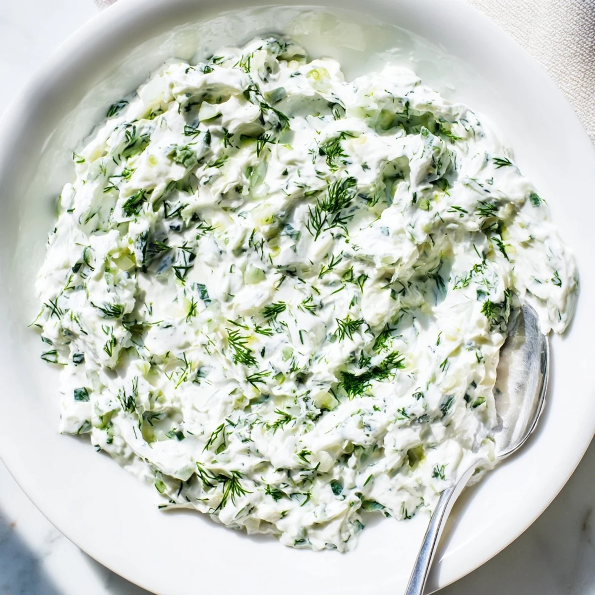 Creamy Greek Yogurt Herb Dip, speckled with fresh herbs, is ready to be scooped with veggie sticks.