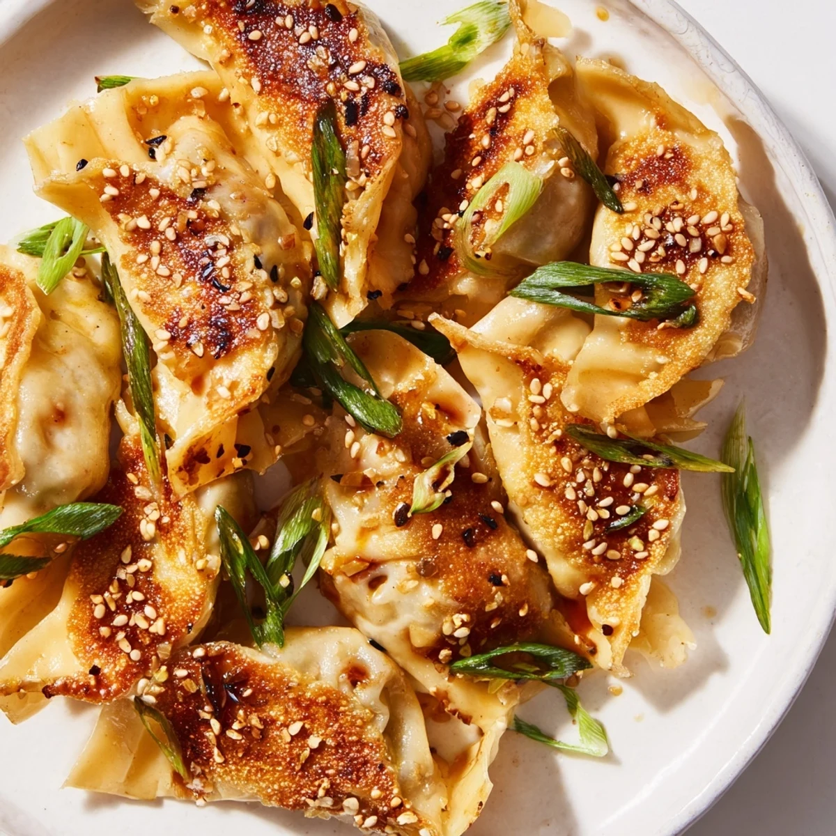Golden-brown air fryer frozen dumplings glistening with a delicious sesame oil glaze and sesame seeds.