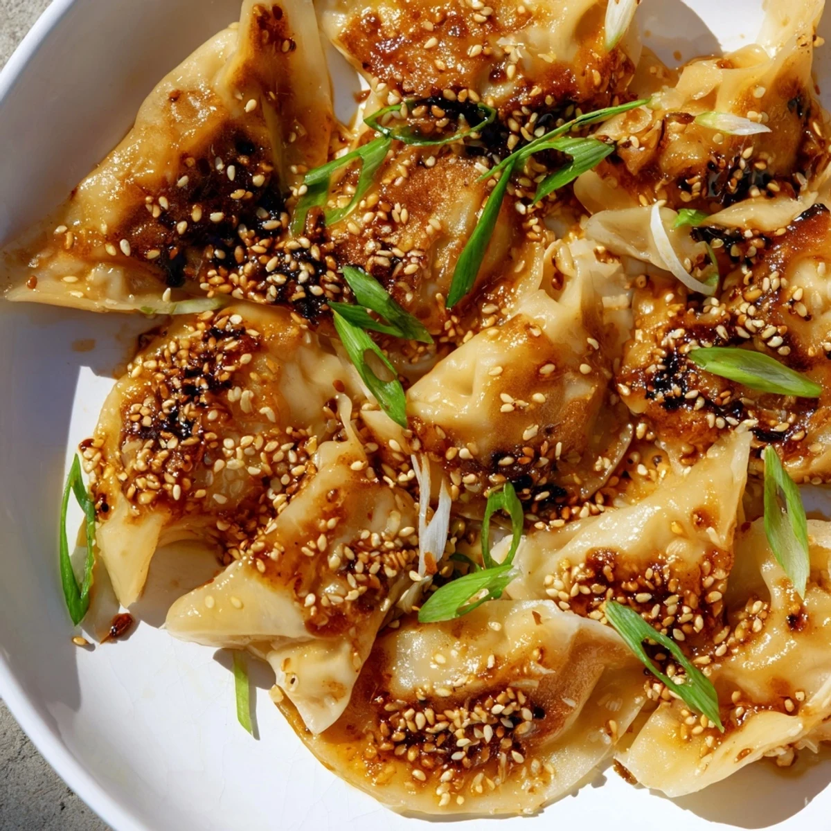 Crispy air fryer frozen dumplings ready to be devoured, with a vibrant topping of sesame seeds and green onions.