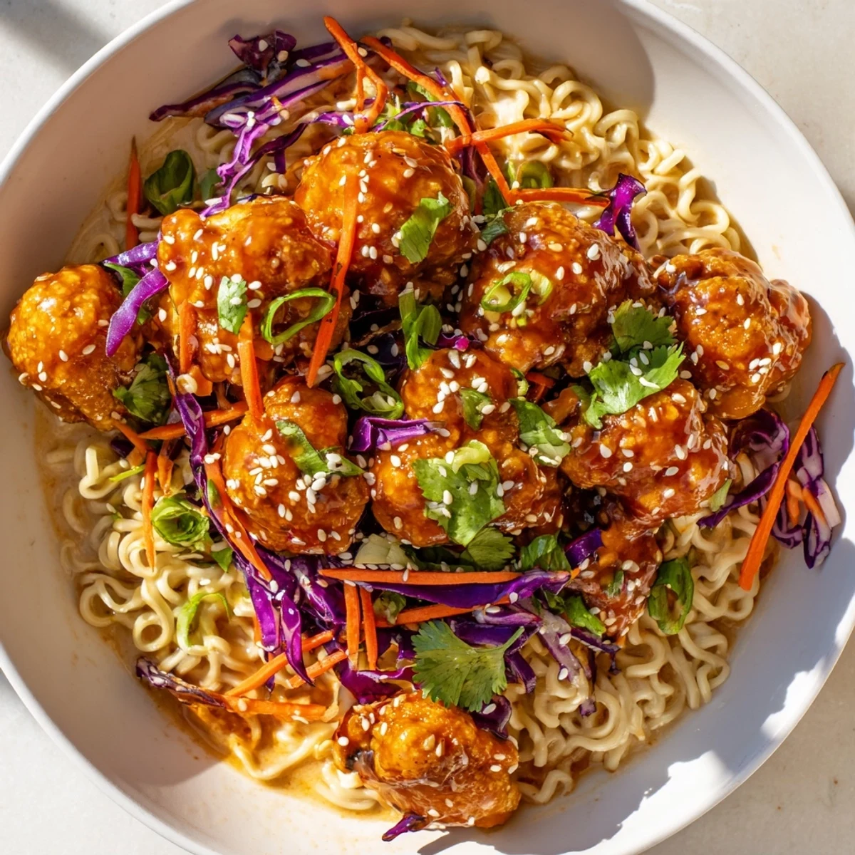 A steaming bowl of Chaos Cooking Buffalo Cauliflower Ramen with vibrant toppings and rich broth.