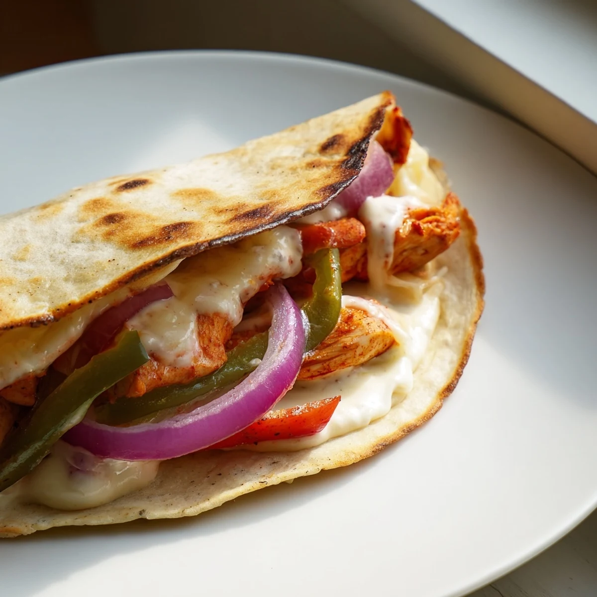 Warm, golden Tandoori Chicken Quesadilla, oozing melted cheese with visible chicken and peppers inside.