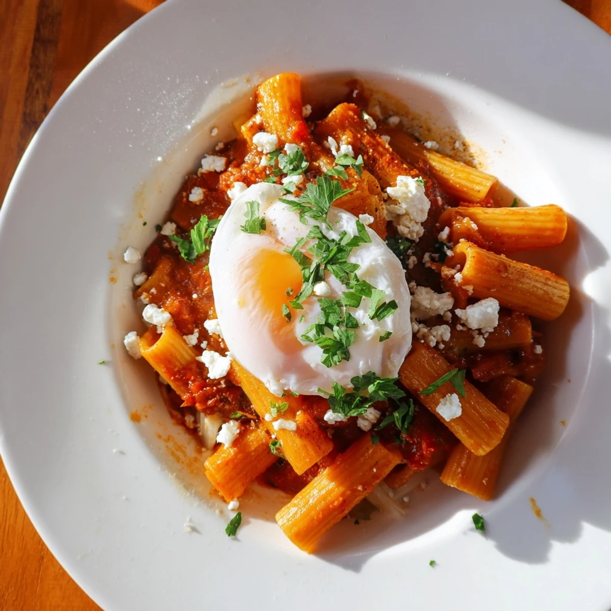 Shakshuka Baked Pasta with runny egg yolks and bubbly cheese, ready for serving with fresh herbs.