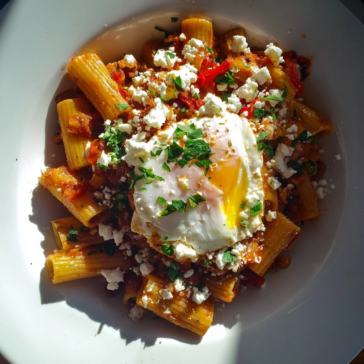 This Shakshuka Baked Pasta features a vibrant spiced tomato sauce with perfectly cooked pasta and eggs.