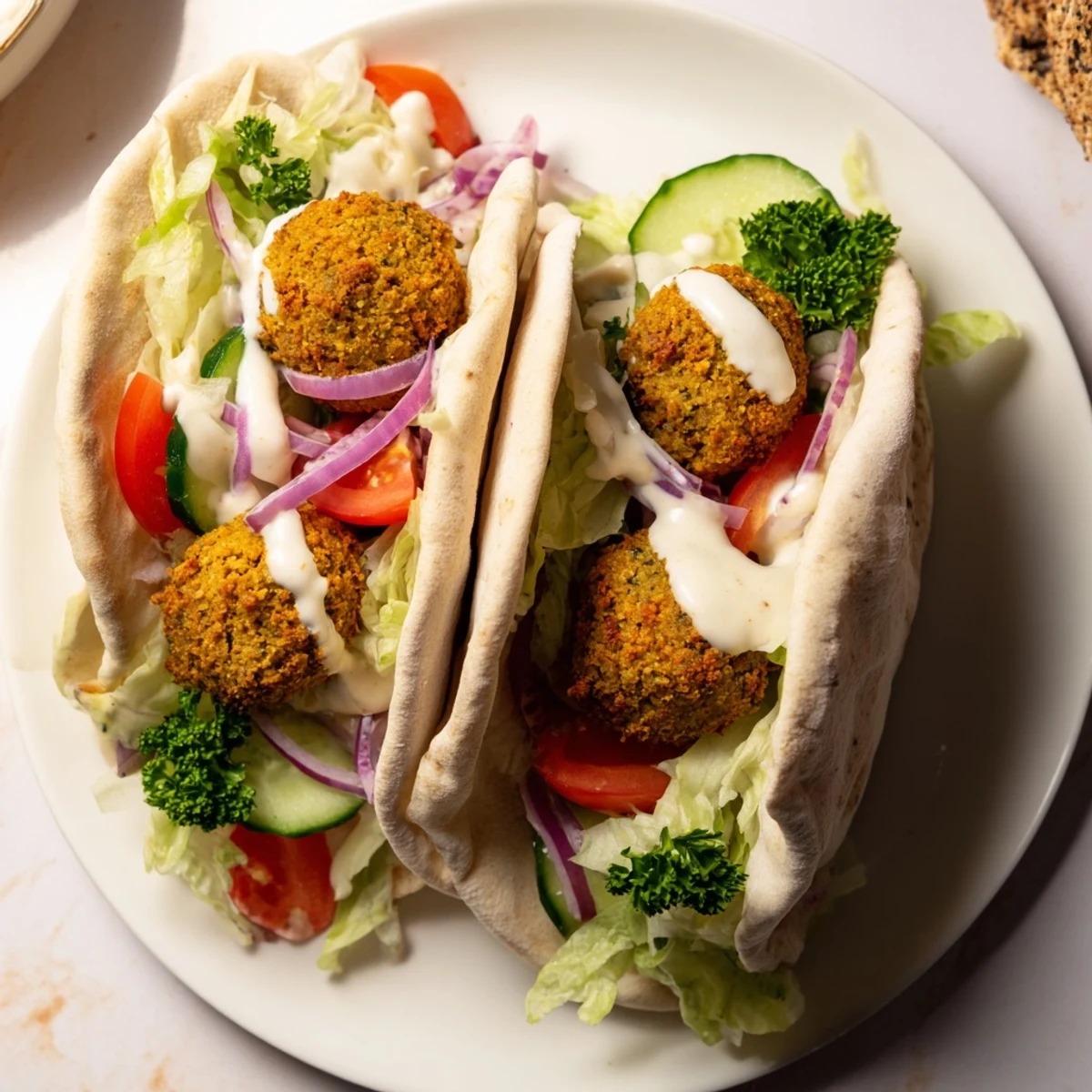 Golden-brown falafel pita pocket bursting with fresh vegetables and creamy tahini, a satisfying vegetarian meal.