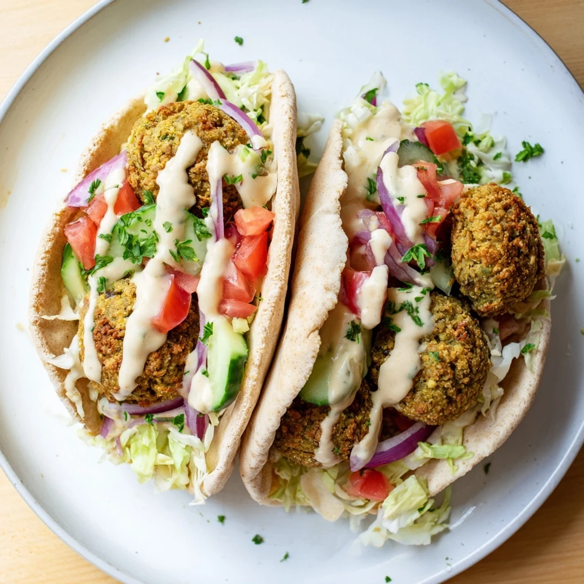 Close-up of a flavorful falafel pita pocket, filled with crispy falafel and drizzled tahini sauce for perfect flavor.