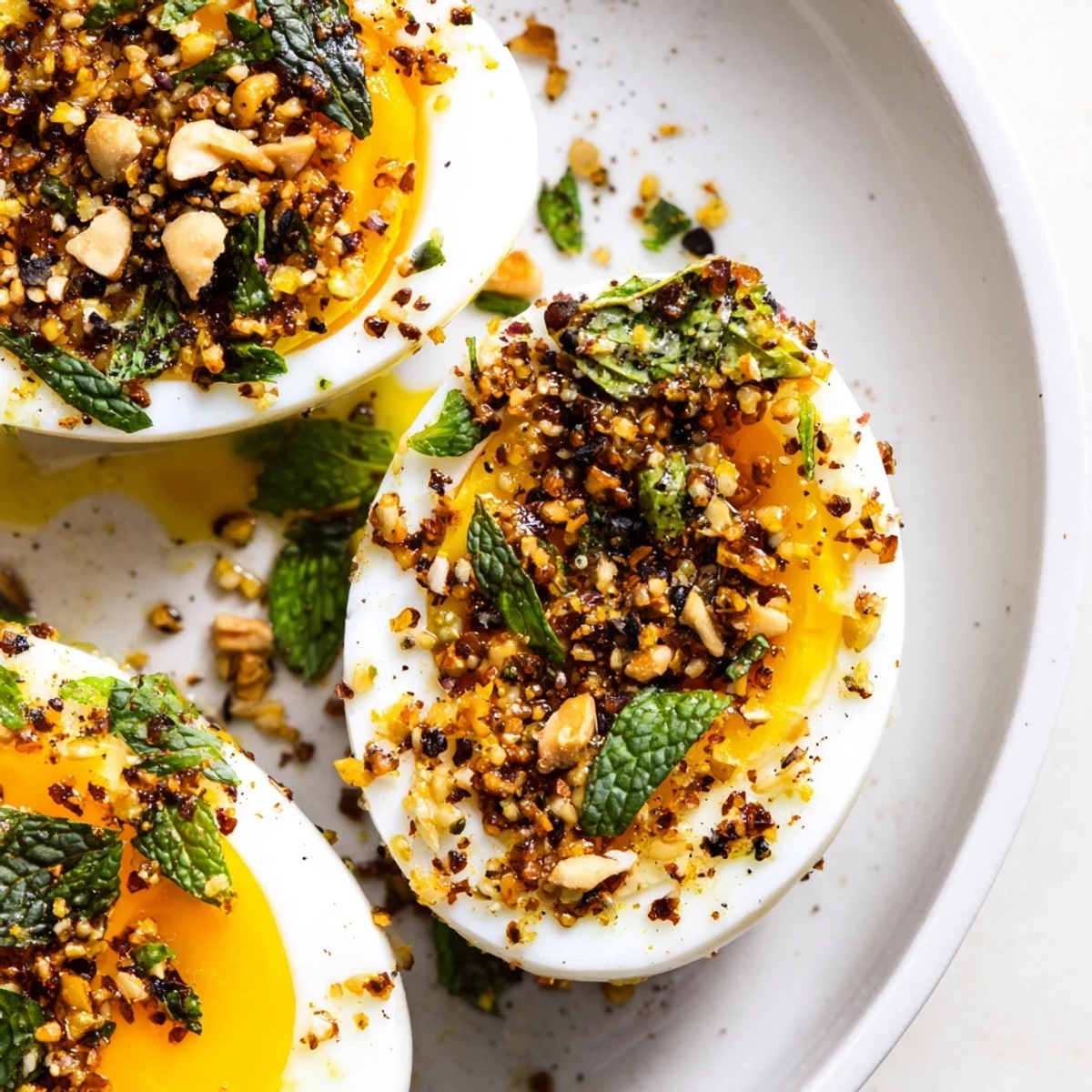 Perfectly cooked Dukkah-Spiced Eggs with vibrant herbs and the warm, earthy dukkah spice blend.