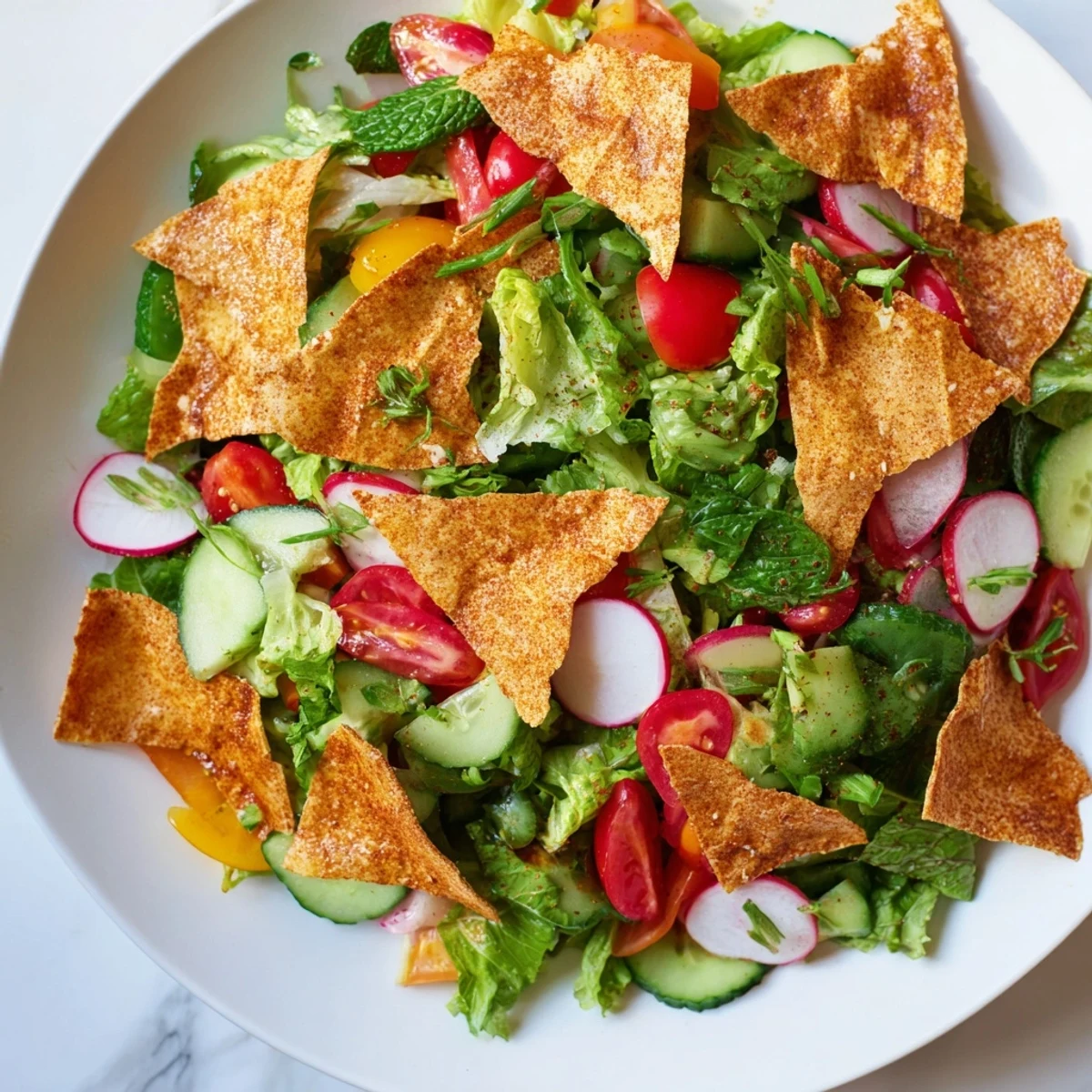 Fresh Fattoush Crunch Salad, colorful with vegetables and crunchy pita, ready to serve and enjoy.