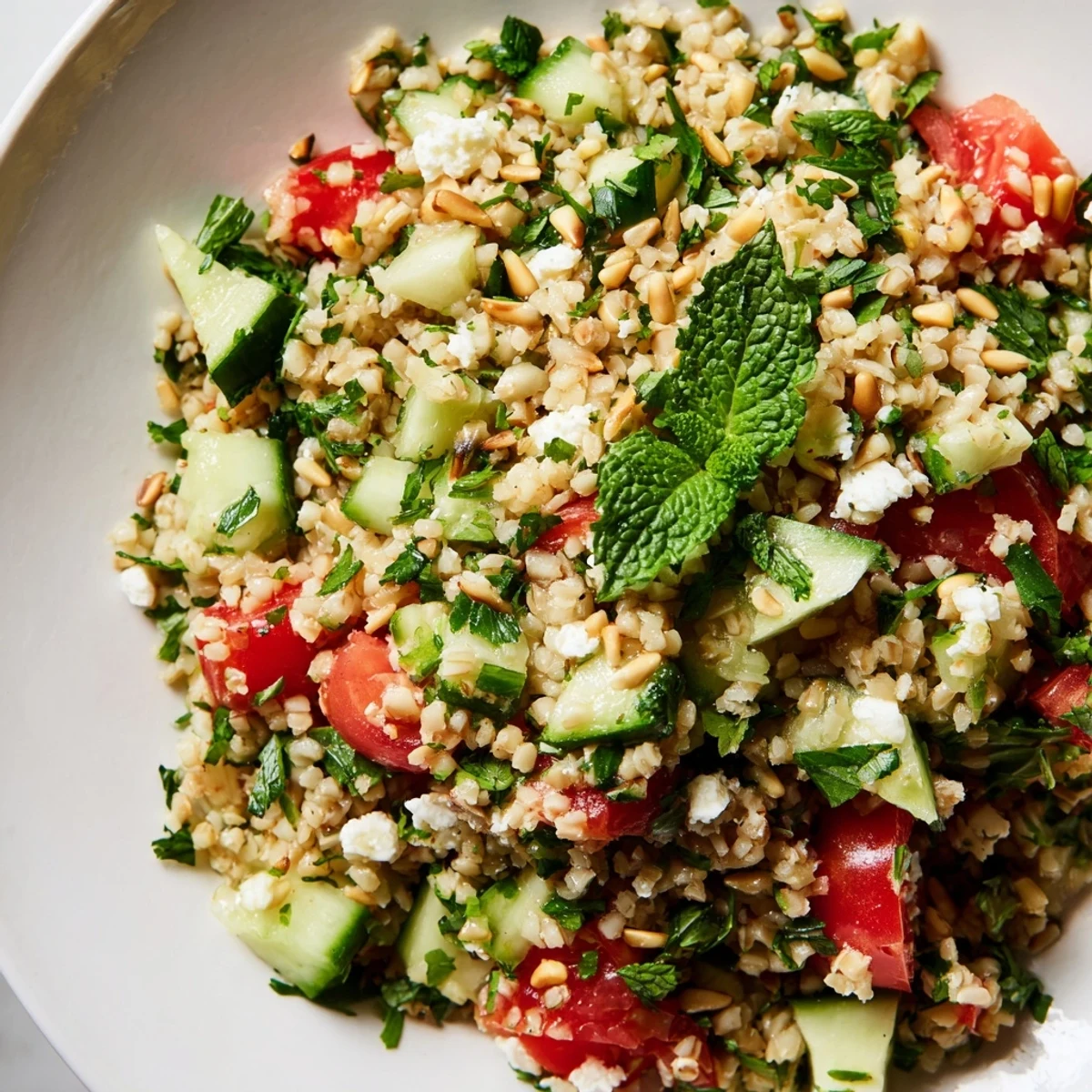 Close-up of a refreshing Tabbouleh Grain Bowl, overflowing with colorful veggies and bright lemon dressing.