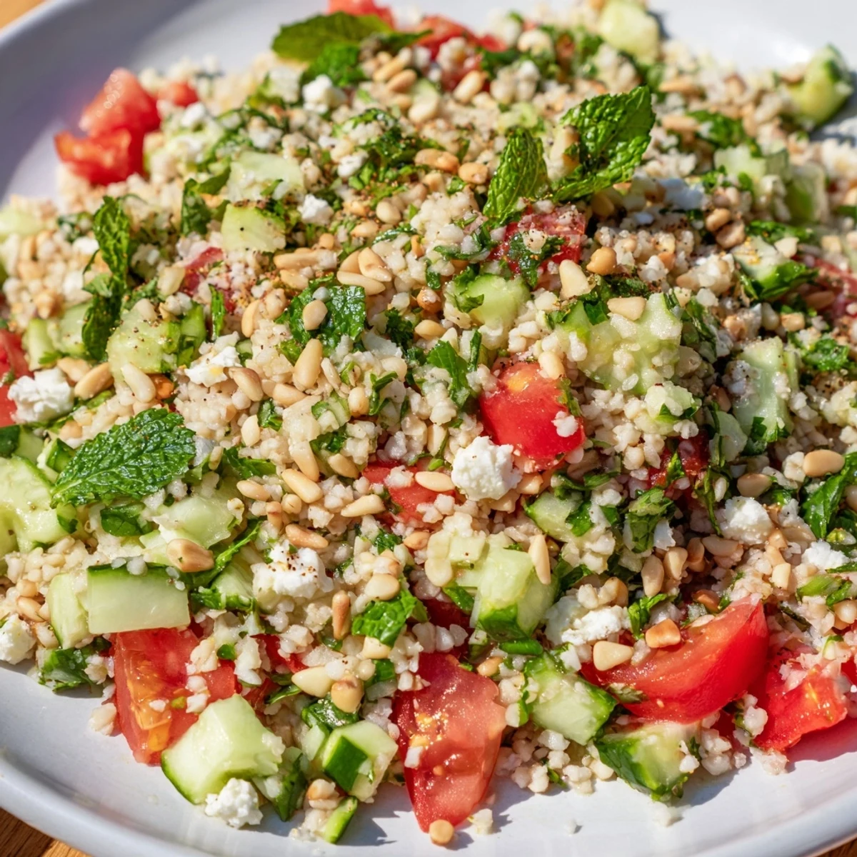 A flavorful Tabbouleh Grain Bowl, showcasing fluffy bulgur, chopped herbs, and a scattering of feta.