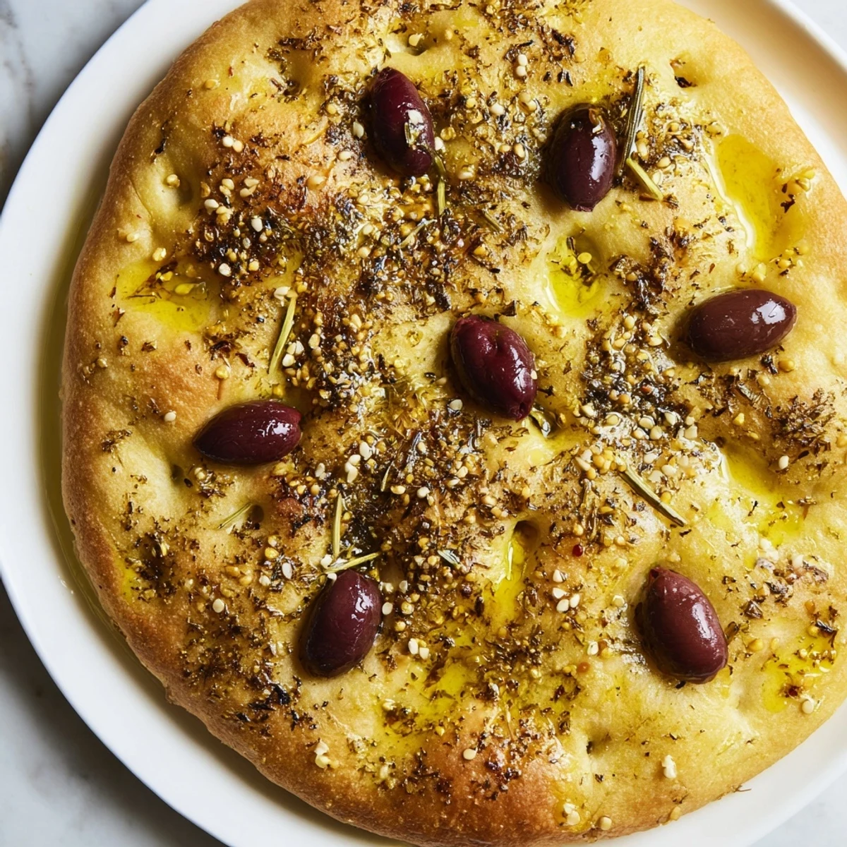 Warm, golden Zaatar Olive Focaccia, boasting crispy edges and glistening with olive oil and herbs.