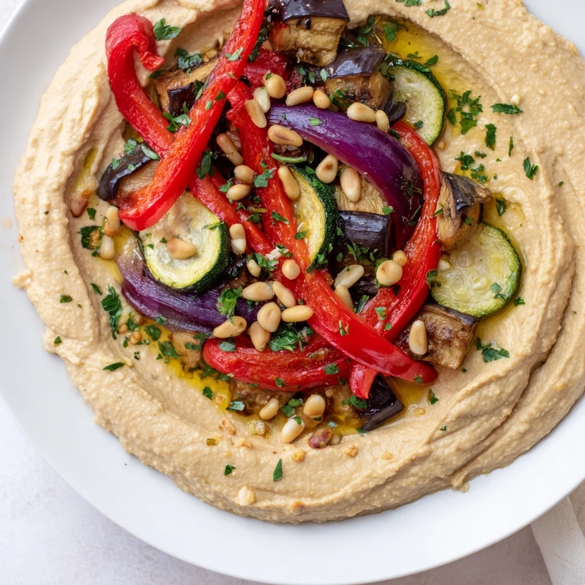 Creamy hummus base topped with vibrant, roasted Hummus Roasted Veggies and toasted pine nuts, a flavor explosion.