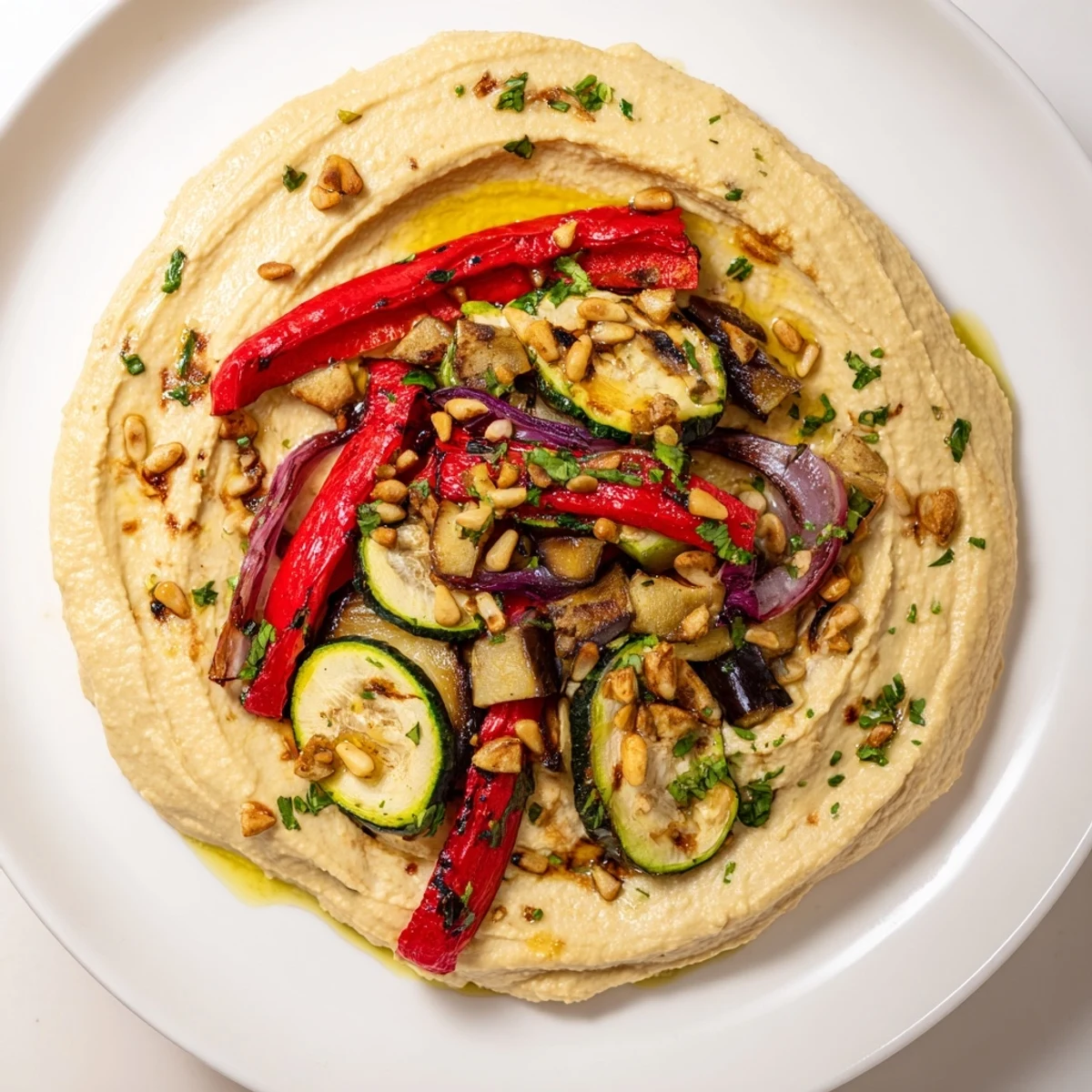 Smoky, tender Hummus Roasted Veggies arranged over smooth hummus, perfect for a vegan Mediterranean-style appetizer platter.