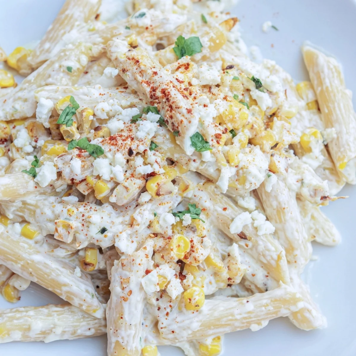 A close-up of creamy Mexican Street Corn Pasta in a white bowl, garnished with cotija cheese, cilantro, and a lime wedge.