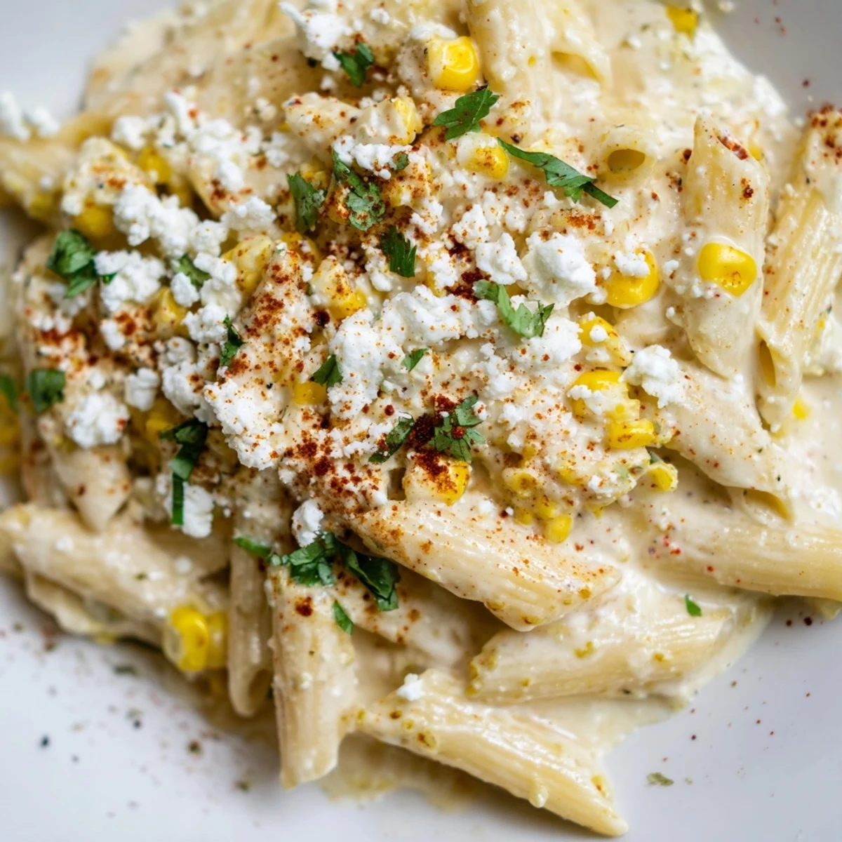 Steaming Mexican Street Corn Pasta with charred corn kernels, creamy sauce, and a sprinkle of chili powder for a zesty kick.