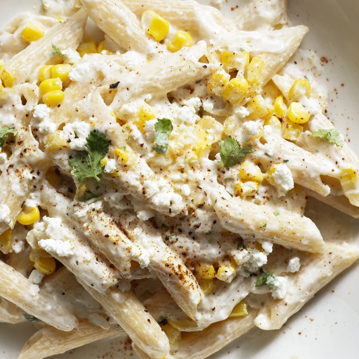 A serving of Mexican Street Corn Pasta twirled on a fork, showing the tender penne, cotija, and fresh cilantro garnish.