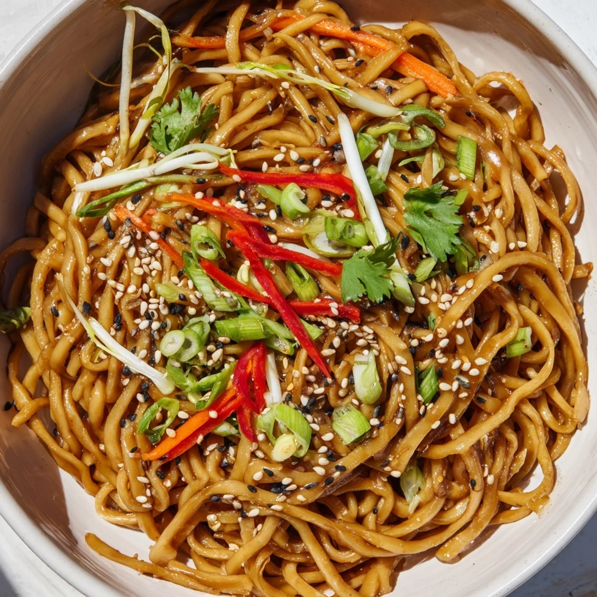A close-up of Asian Garlic Noodle Bowl served in a white bowl, garnished with green onions, sesame seeds, and fresh cilantro.