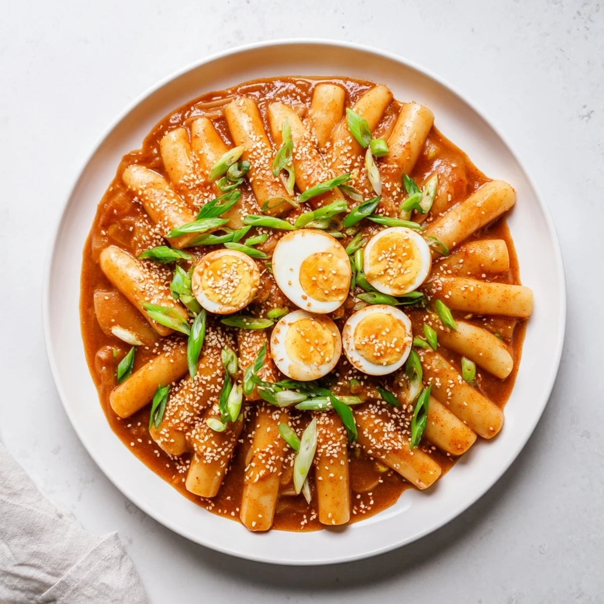 Spicy Korean Tteokbokki simmered with onions, garnished with fresh green onions and sesame seeds.