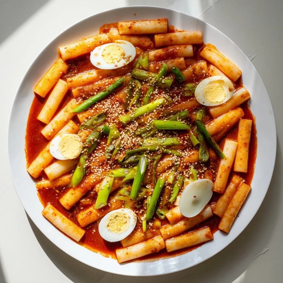 Bowl of Korean Tteokbokki with chewy rice cakes in a glossy red spicy sauce.