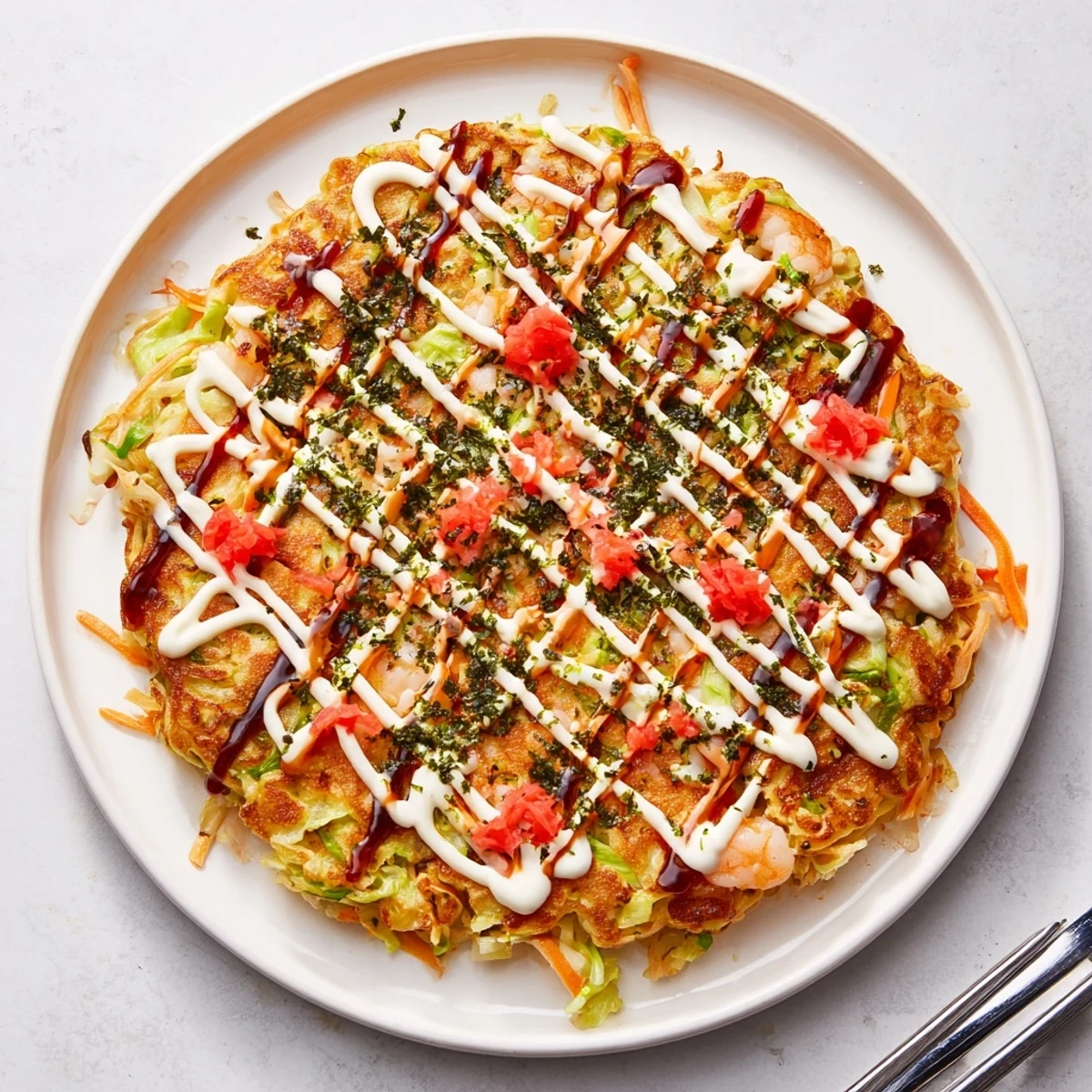 Golden-brown Japanese Okonomiyaki Pancakes sizzling on a griddle, topped with creamy mayo and savory sauce.
