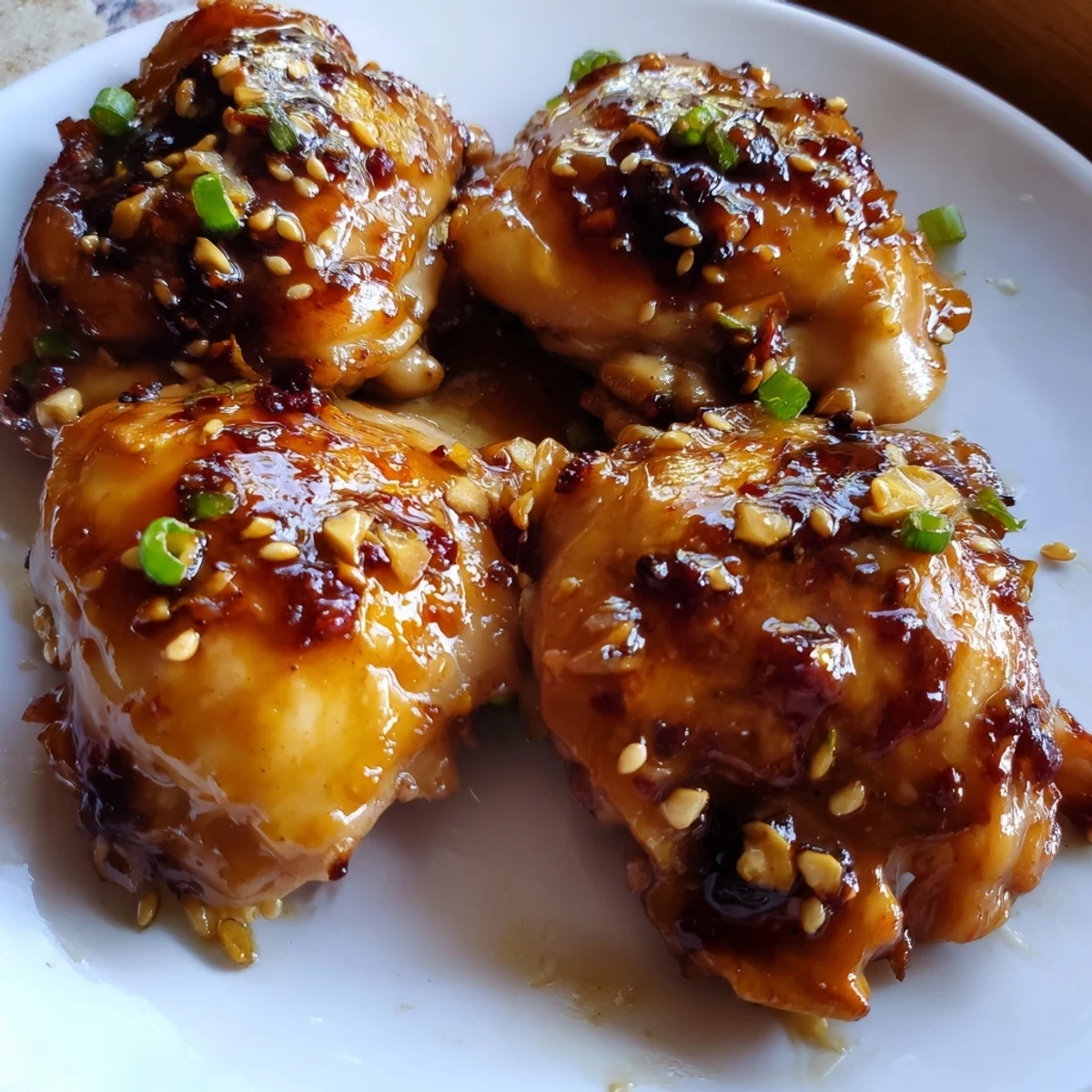 Tender honey garlic glazed chicken thighs are caramelized in a rich, sticky sauce and garnished with fresh parsley for a flavorful main dish.  