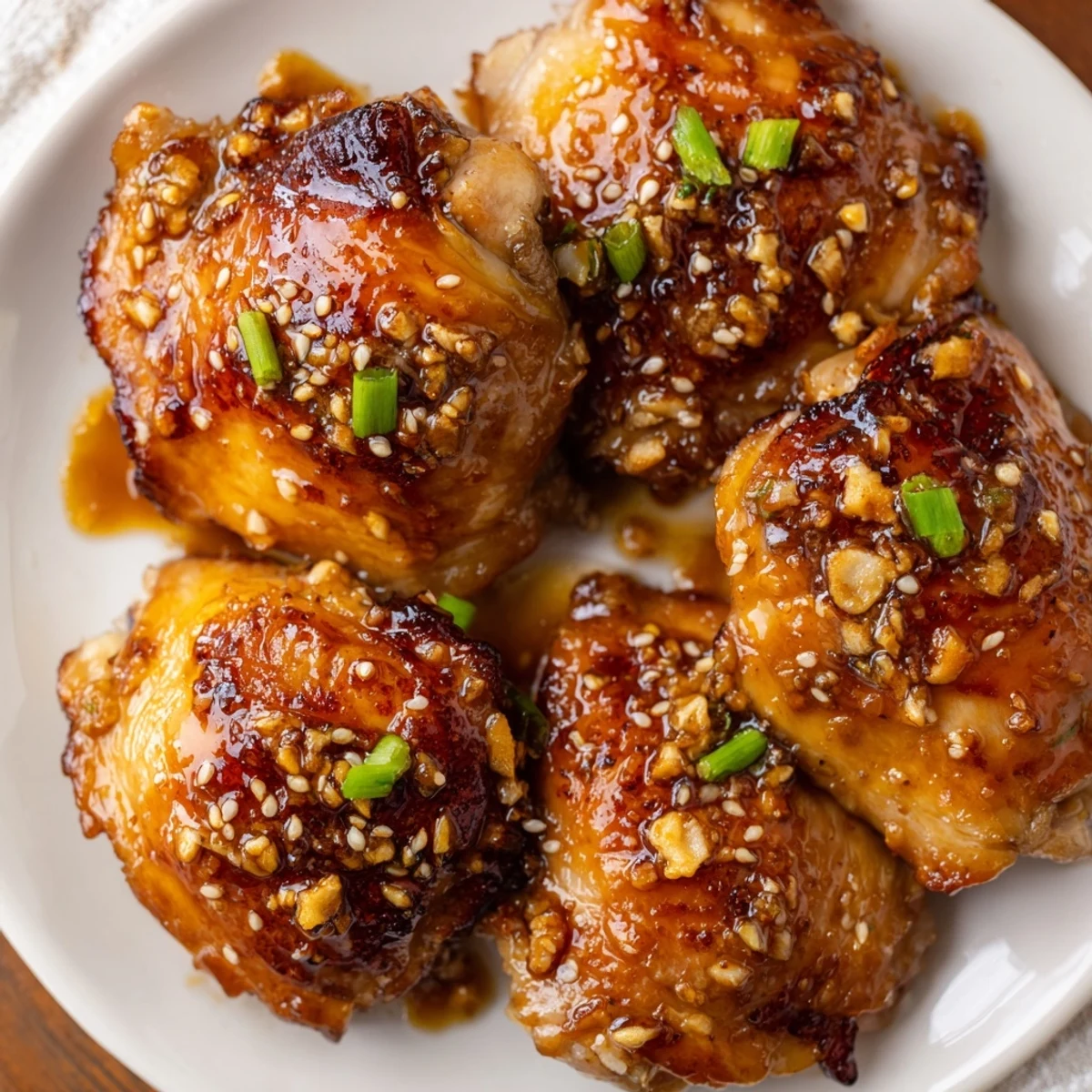 A close-up of succulent honey garlic glazed chicken with a glossy, caramelized finish and a sprinkle of toasted sesame seeds.