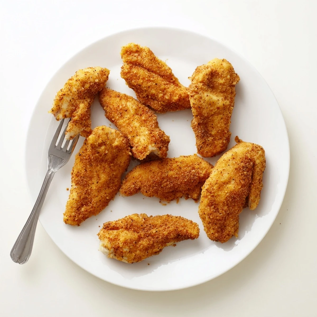 Freshly fried golden-brown Crispy Fried Chicken Tenders with a crunchy, seasoned coating are ready to dip in honey mustard.