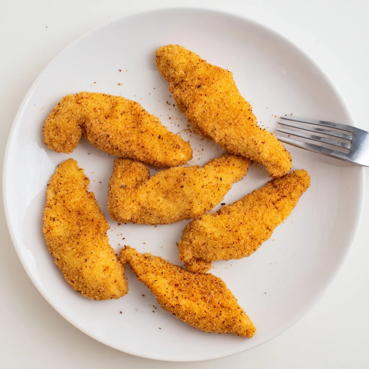 Four servings of homemade Crispy Fried Chicken Tenders stacked on a plate with a side of ranch dipping sauce.