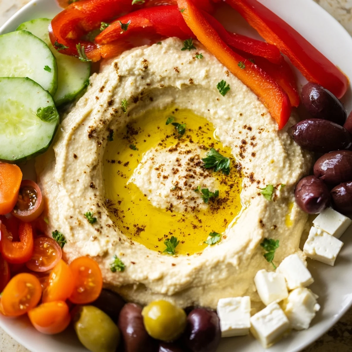 A vibrant Middle Eastern Mezze Platter with creamy hummus, fresh veggies, olives, and warm pita triangles, ready for sharing.