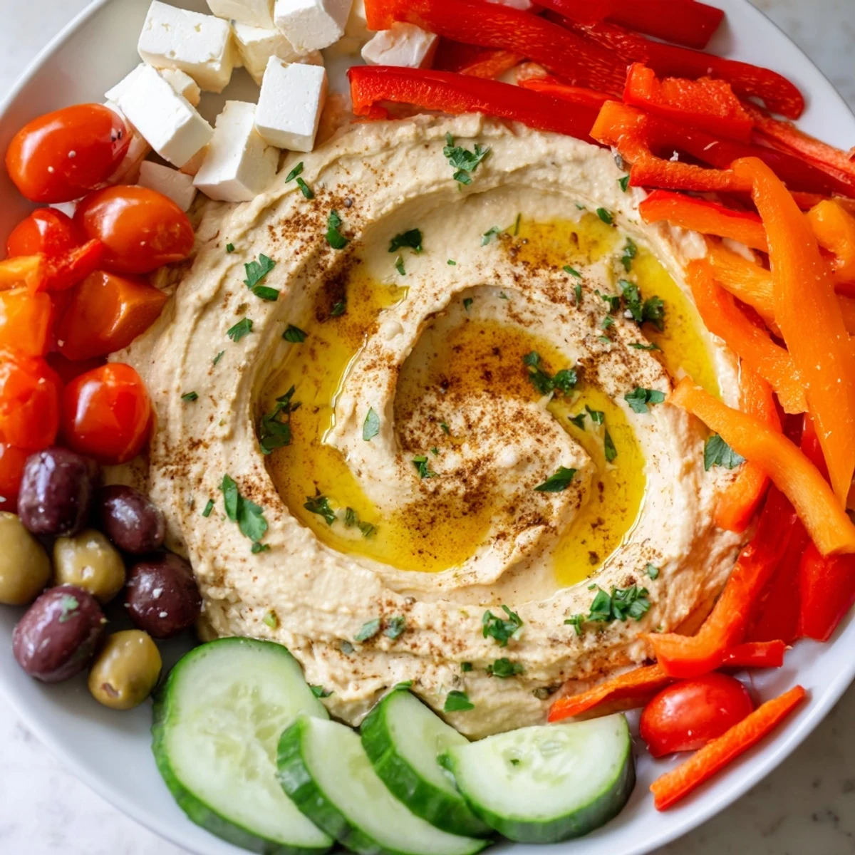 Fresh cucumber, cherry tomatoes, and feta cheese surround a bowl of hummus on this colorful Middle Eastern Mezze Platter.