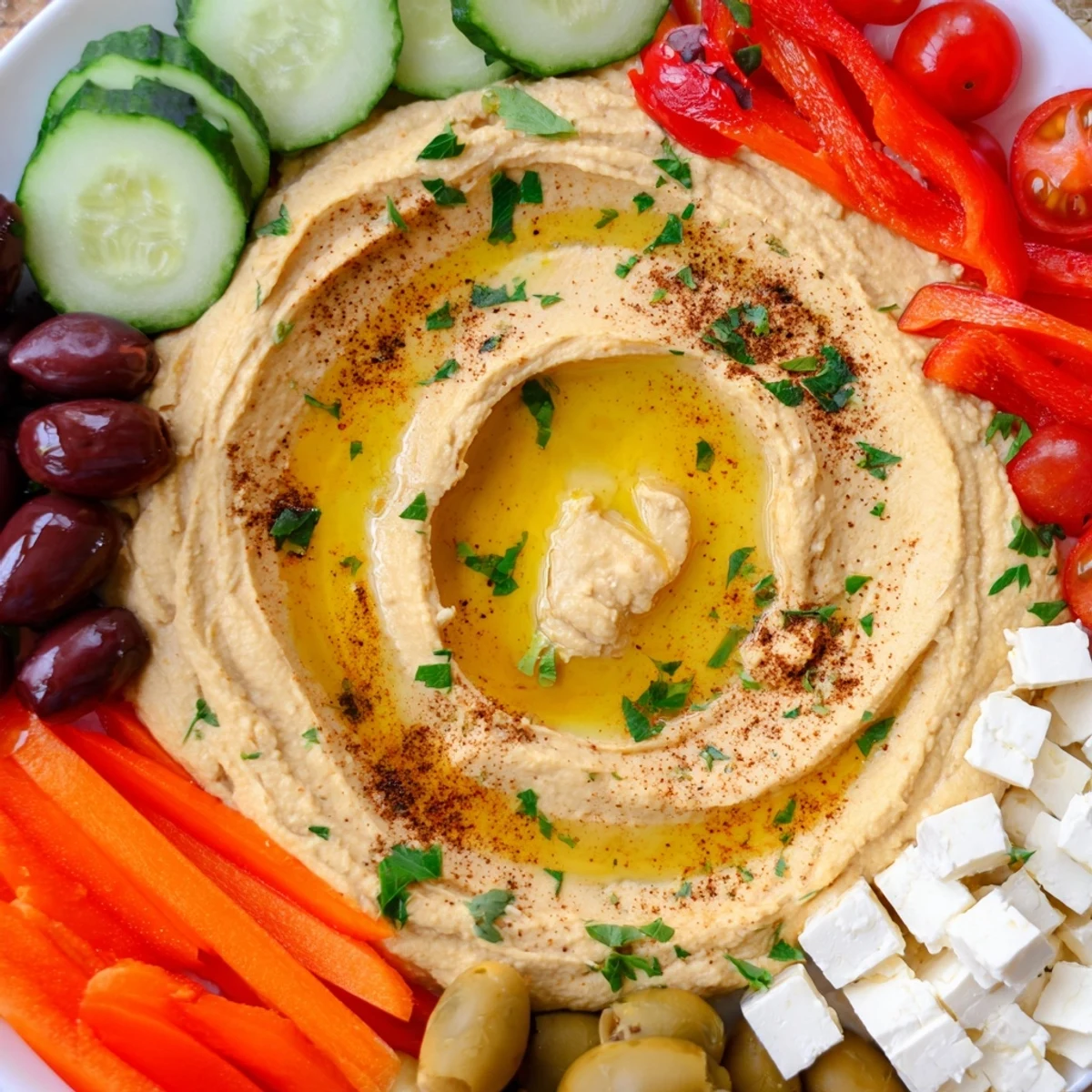 This easy, vegetarian Middle Eastern Mezze Platter features briny olives, tangy feta, and crisp vegetables on a rustic board.