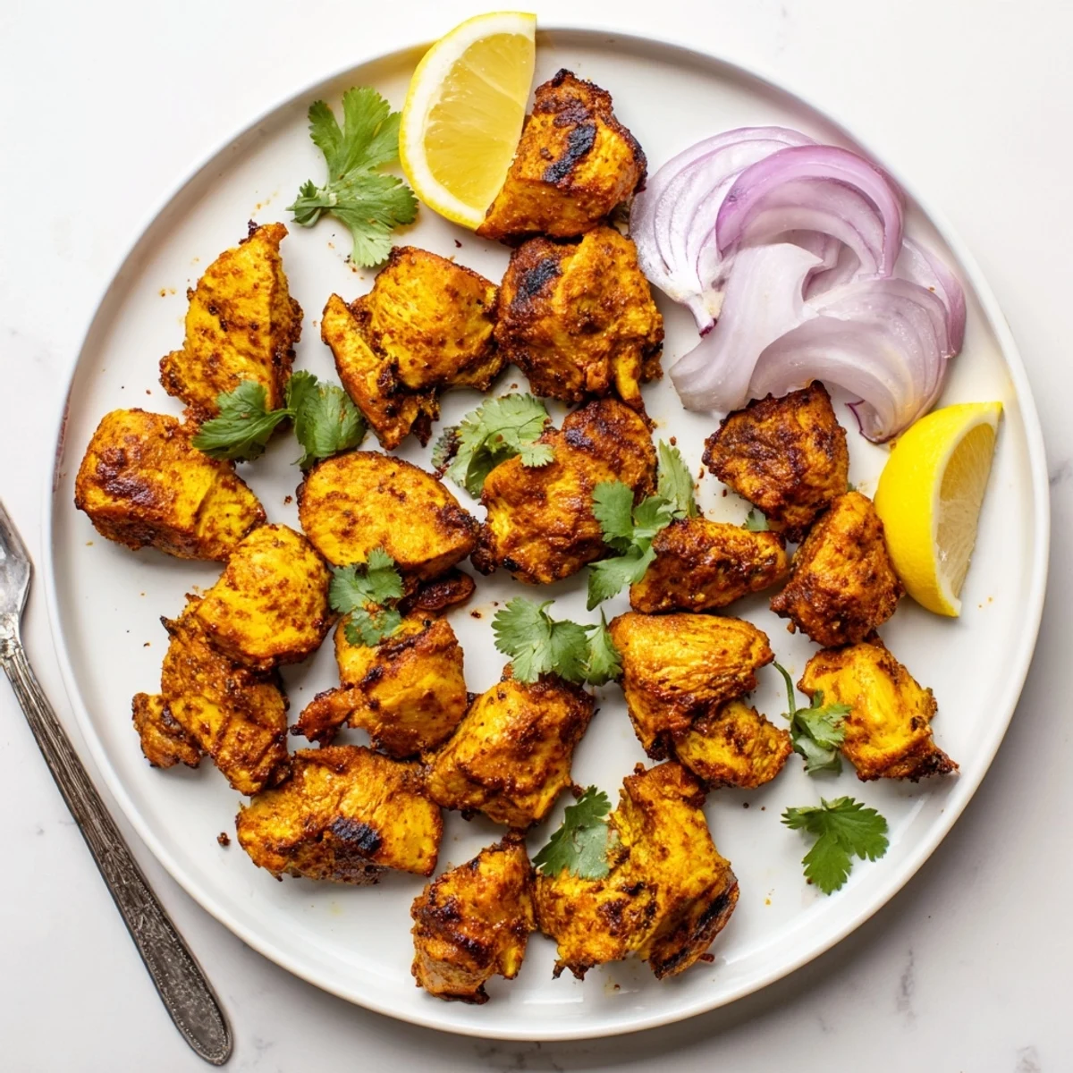 Roasted Indian Tikka Spiced Chicken pieces on a platter, garnished with fresh cilantro and lemon wedges for a bright serving suggestion.