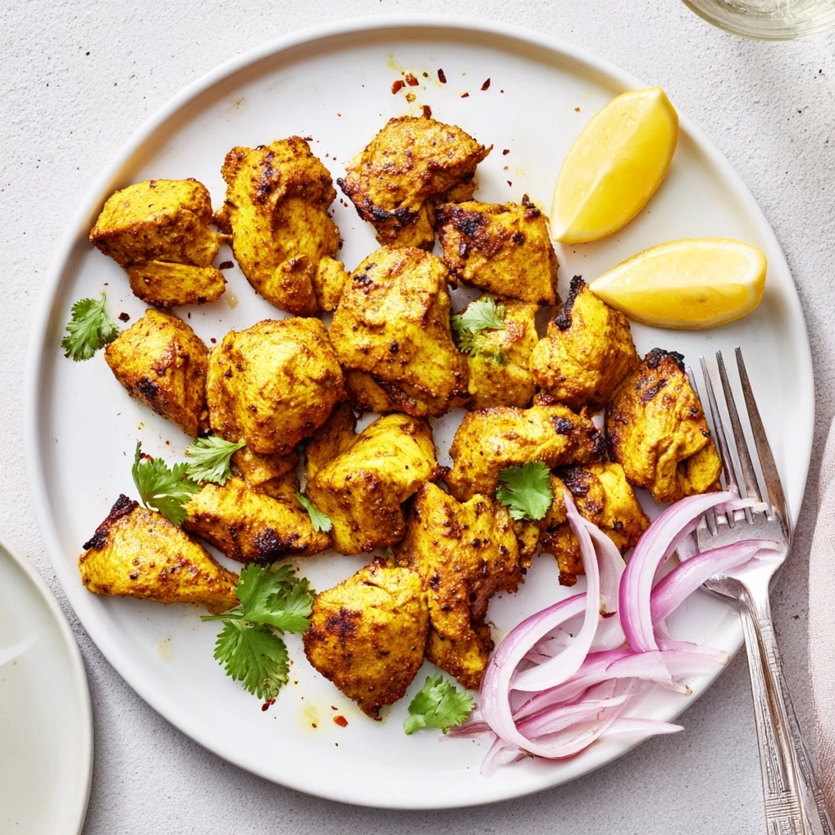 Golden-brown Indian Tikka Spiced Chicken thighs arranged on a rustic plate, featuring crispy edges and aromatic tandoori spices from the oven.