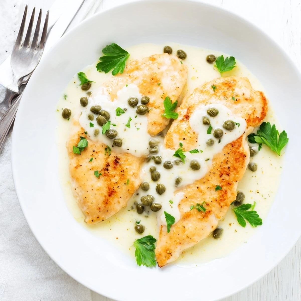 Golden-brown pan-fried chicken breasts in a creamy lemon and caper sauce served over pasta.