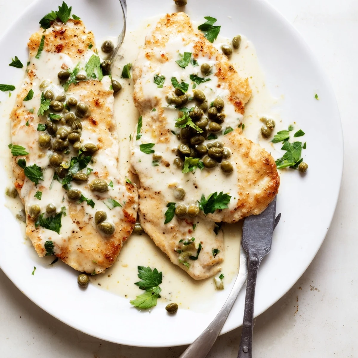 Sizzling skillet of creamy Chicken Piccata beside crusty bread for a comforting dinner.