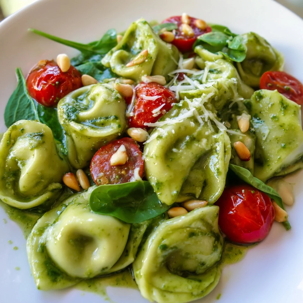 A close-up of Pesto Tortellini Salad, showcasing tender cheese tortellini coated in vibrant basil pesto with halved cherry tomatoes and fresh spinach.