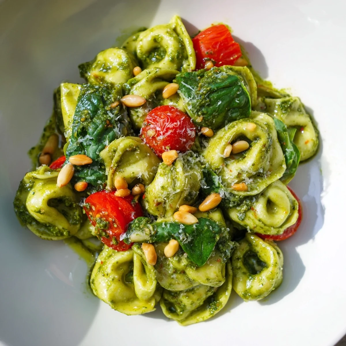 This Pesto Tortellini Salad is served in a white bowl, garnished with toasted pine nuts and a light drizzle of extra virgin olive oil.