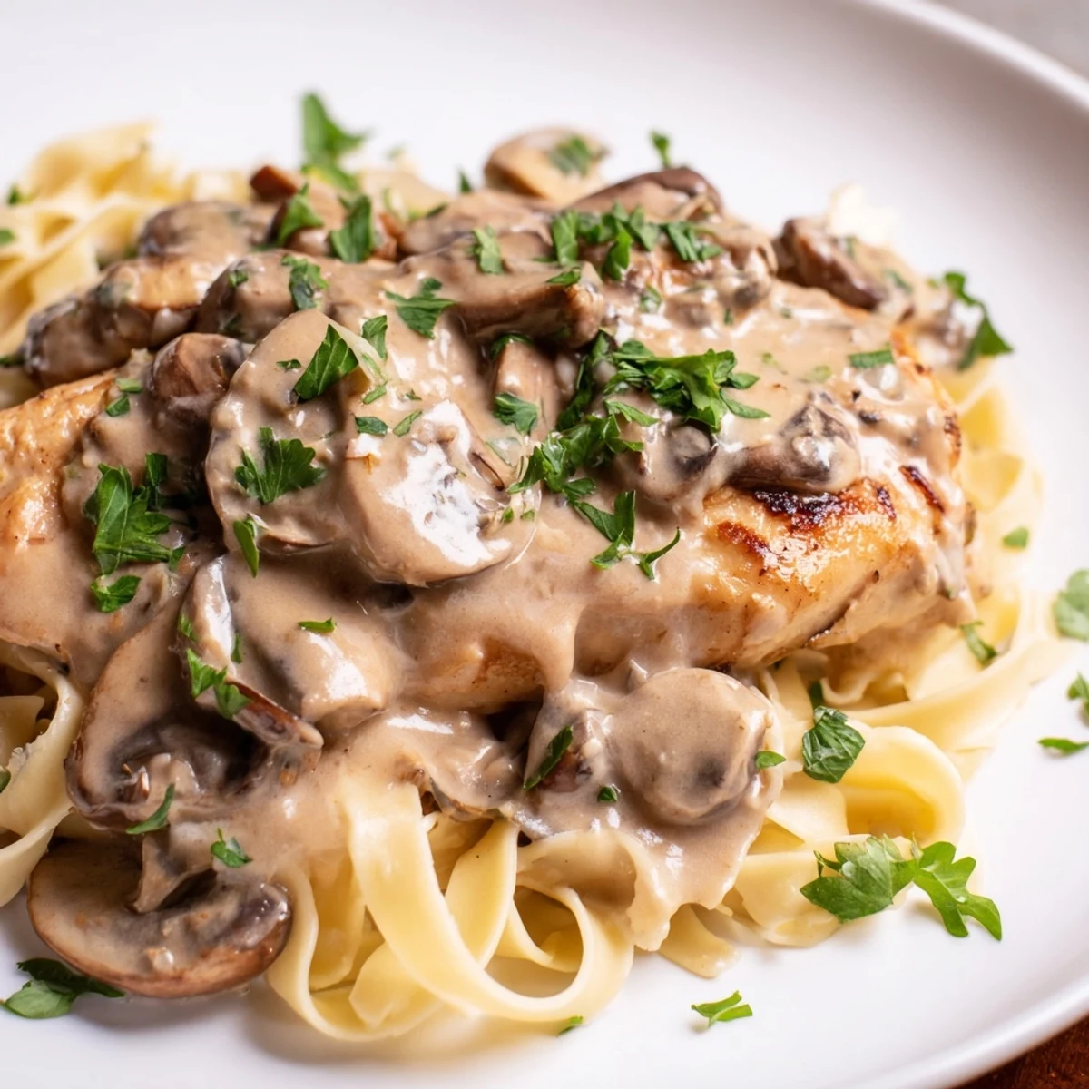 Tender chicken cutlets coated in a light flour crust, simmering in a velvety Marsala cream sauce with sautéed mushrooms and garlic, ready to be served over pasta.