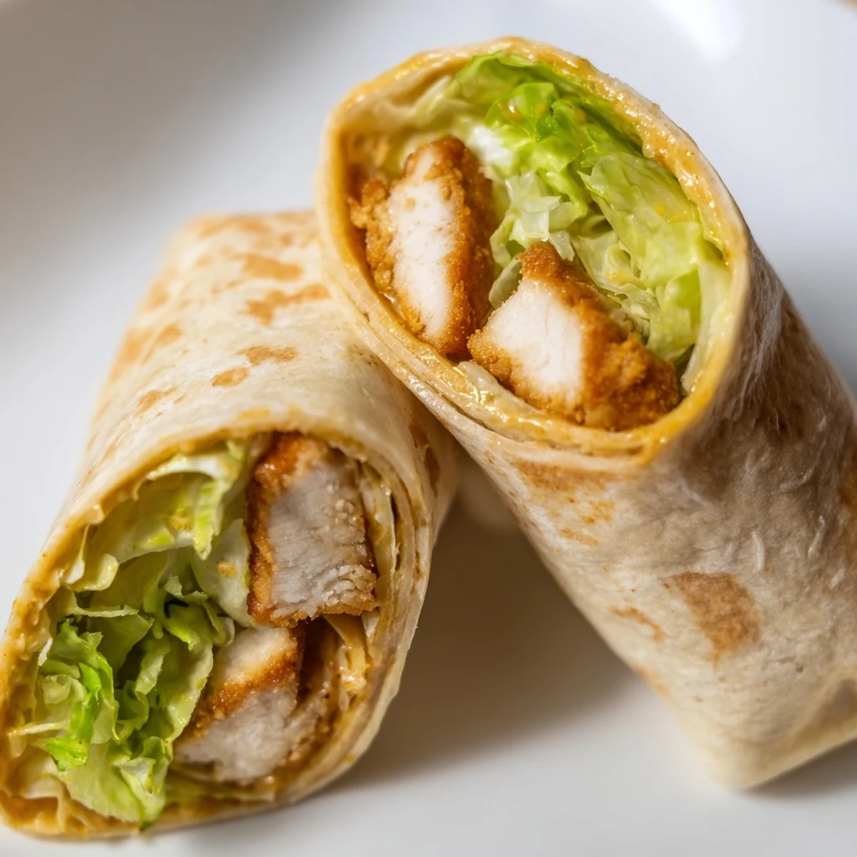 A close-up of a golden-brown honey mustard chicken wrap sliced in half, revealing tender chicken, crisp romaine lettuce, and bright red tomato slices.