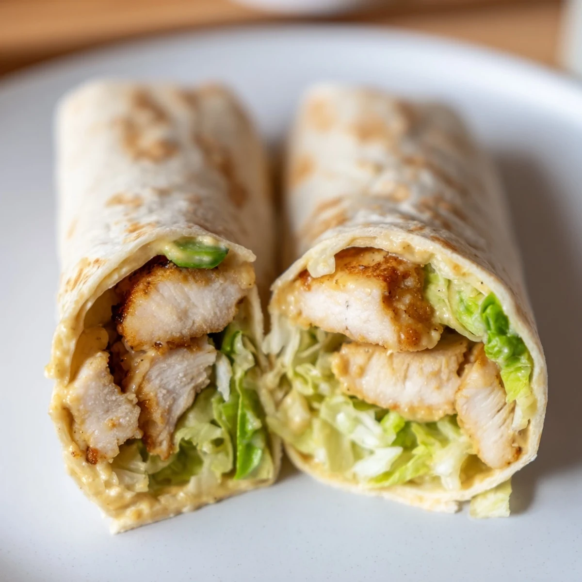 A fully assembled honey mustard chicken wrap sits on a rustic wooden board, drizzled with creamy sauce and garnished with fresh red onion.