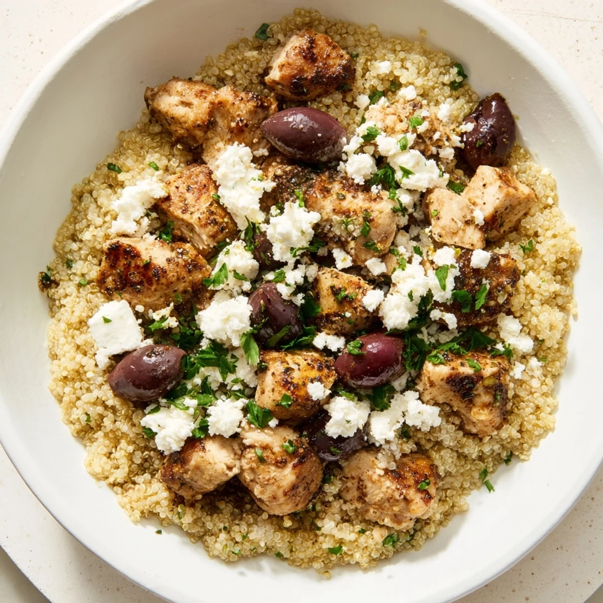 Colorful Mediterranean Chicken Bowl with quinoa, grilled chicken, chickpeas, feta, cucumber, olives, tomatoes, and a lemon-oregano dressing.