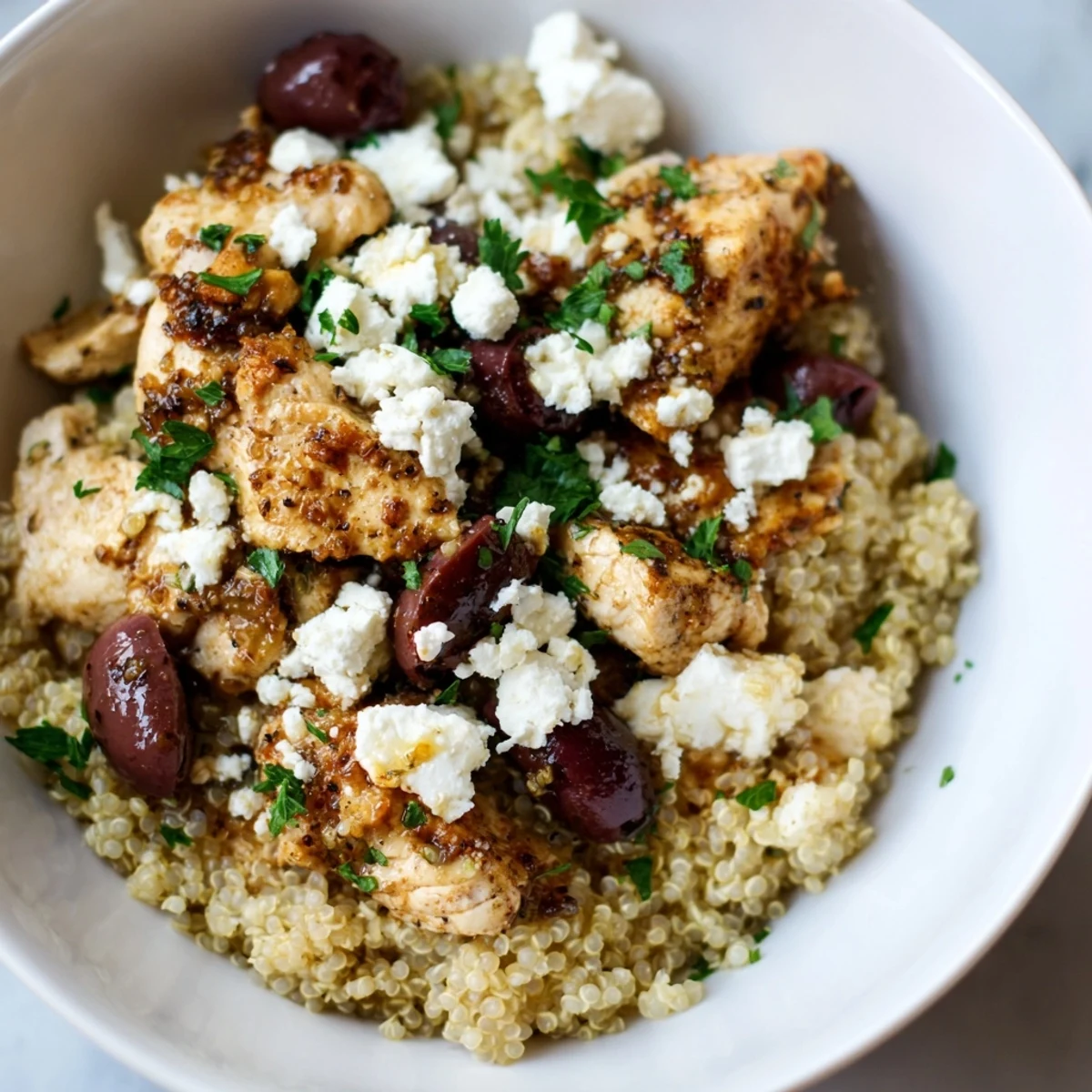 Gluten-free Mediterranean Chicken Bowl featuring fluffy quinoa, tender chicken, crisp cucumbers, cherry tomatoes, chickpeas, and a refreshing citrus-herb dressing.