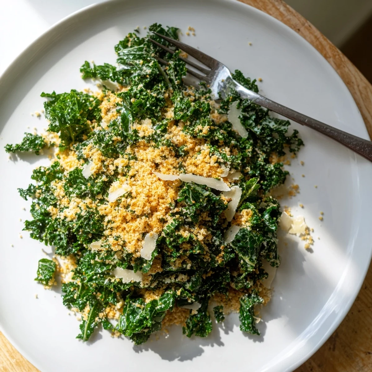 A close-up view shows tender curly kale, shaved Parmesan, and crispy panko in this savory Garlic Parmesan Kale Salad.