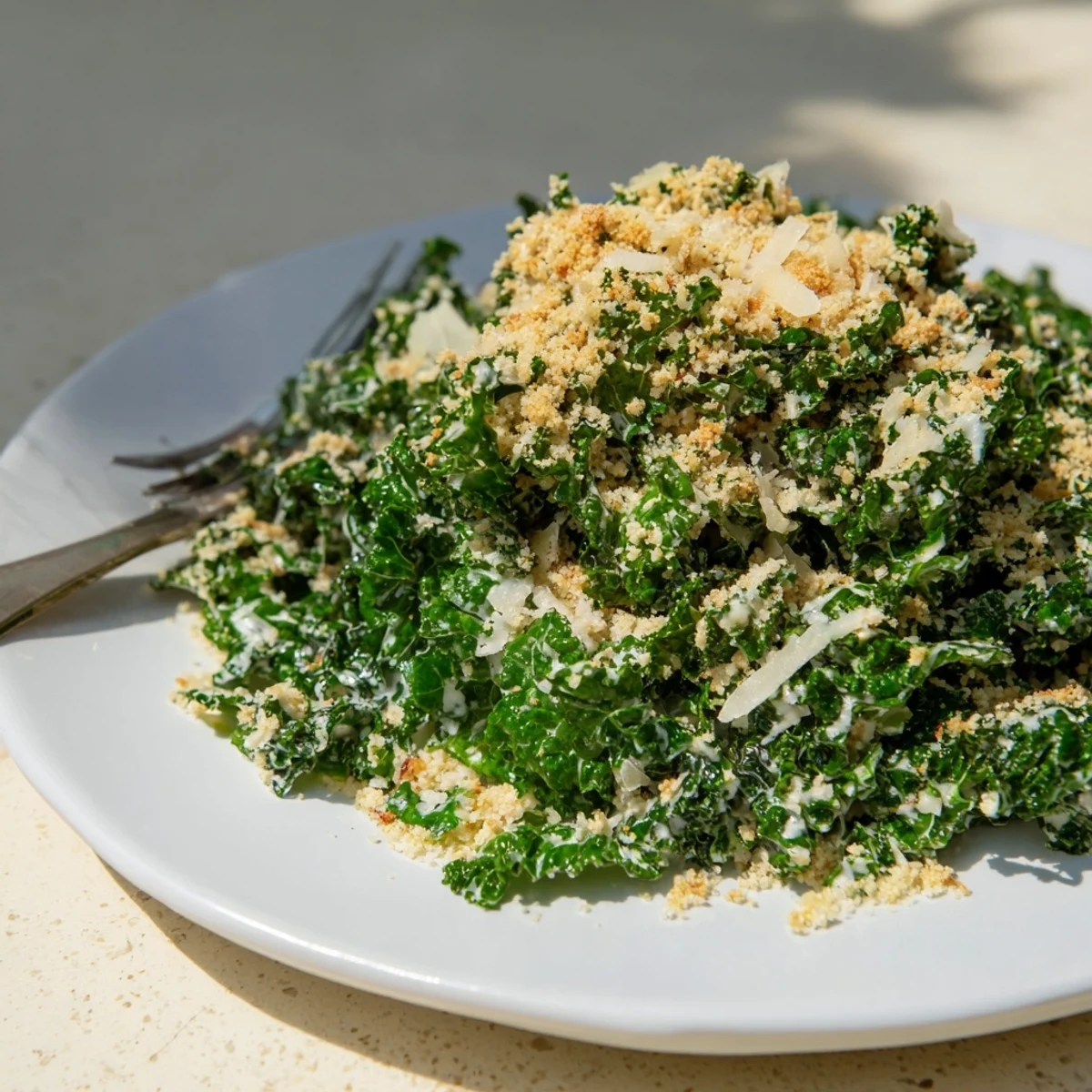 Served in a rustic bowl, this Garlic Parmesan Kale Salad features a bright lemony dressing and crunchy toasted breadcrumbs.