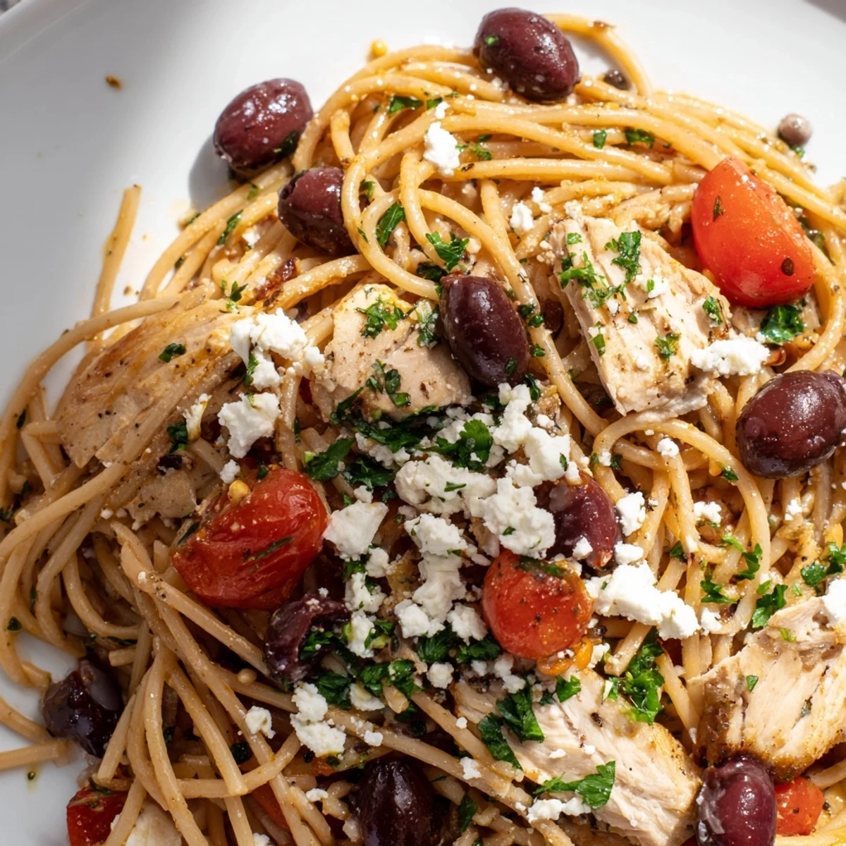 A close-up of Greek Chicken Spaghetti featuring juicy grilled chicken, creamy feta, and fresh parsley garnish ready to be served family-style.