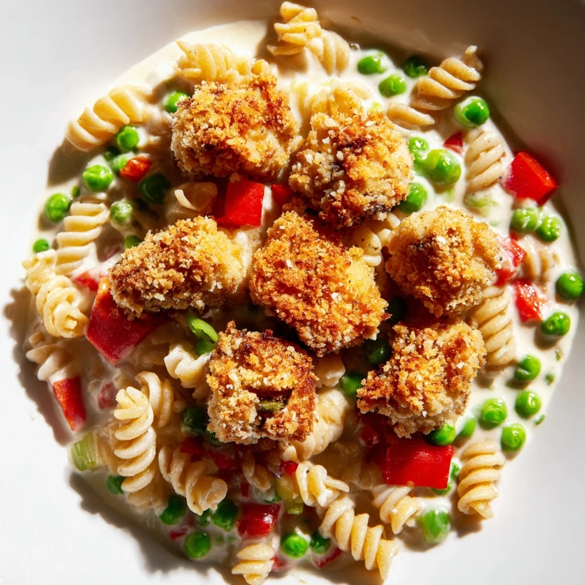 Golden panko-crusted chicken pieces, sweet peas, and diced red bell pepper tossed in creamy ranch dressing with rotini pasta for a vibrant main dish salad.