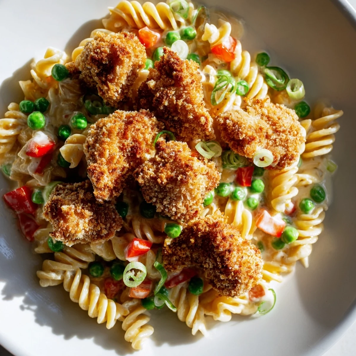 Served in a white bowl, this chilled Crispy Chicken Ranch Pasta Salad offers a satisfying lunch option with crunchy textures and cool, creamy flavors.