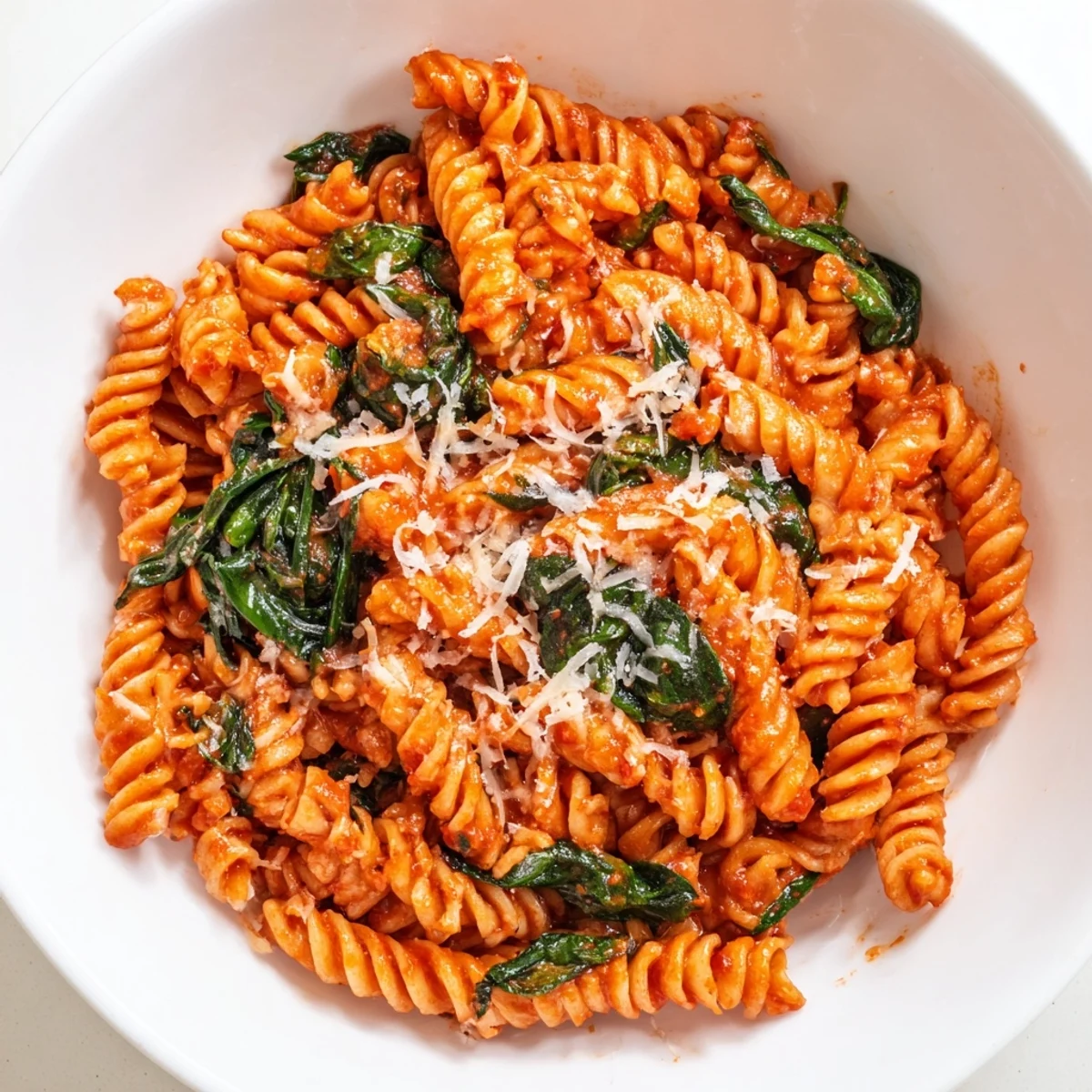 A steaming bowl of Tomato Spinach One-Pot Rotini, with wilted spinach and diced tomatoes nestled in the twisted pasta.