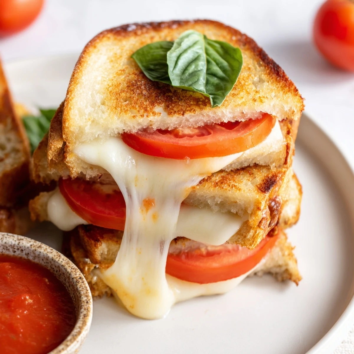 Golden, melty Caprese Grilled Cheese Dippers, featuring fresh mozzarella, tomatoes, and basil, served with warm marinara for dipping.