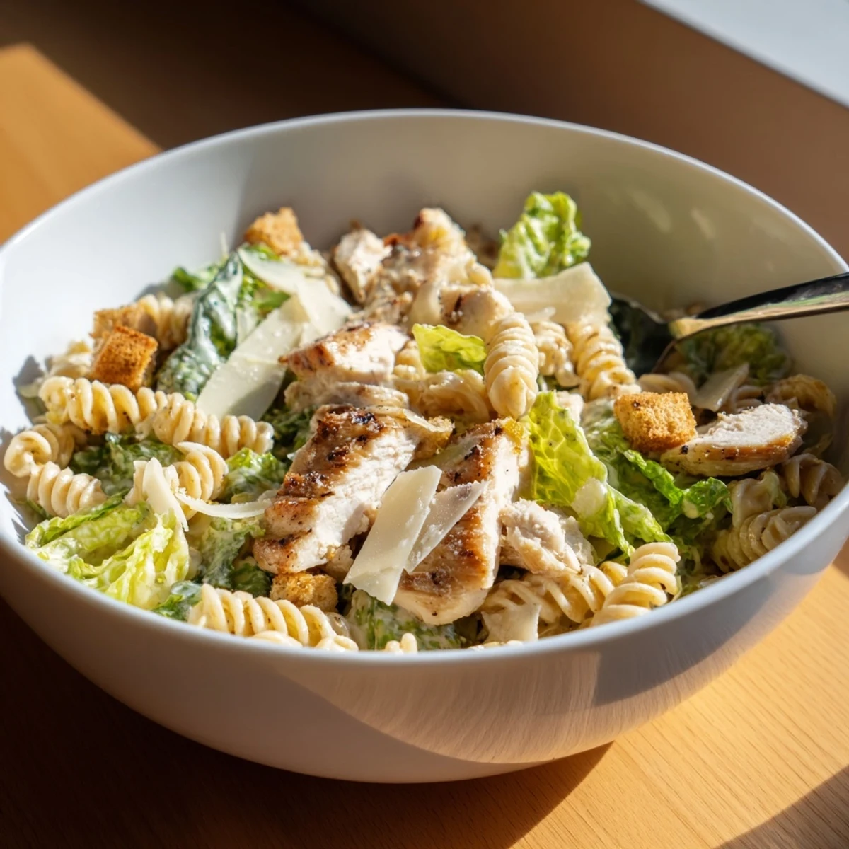 A vibrant Caesar Pasta Chicken Bowl with grilled chicken slices over pasta, crisp romaine, and creamy Caesar dressing.