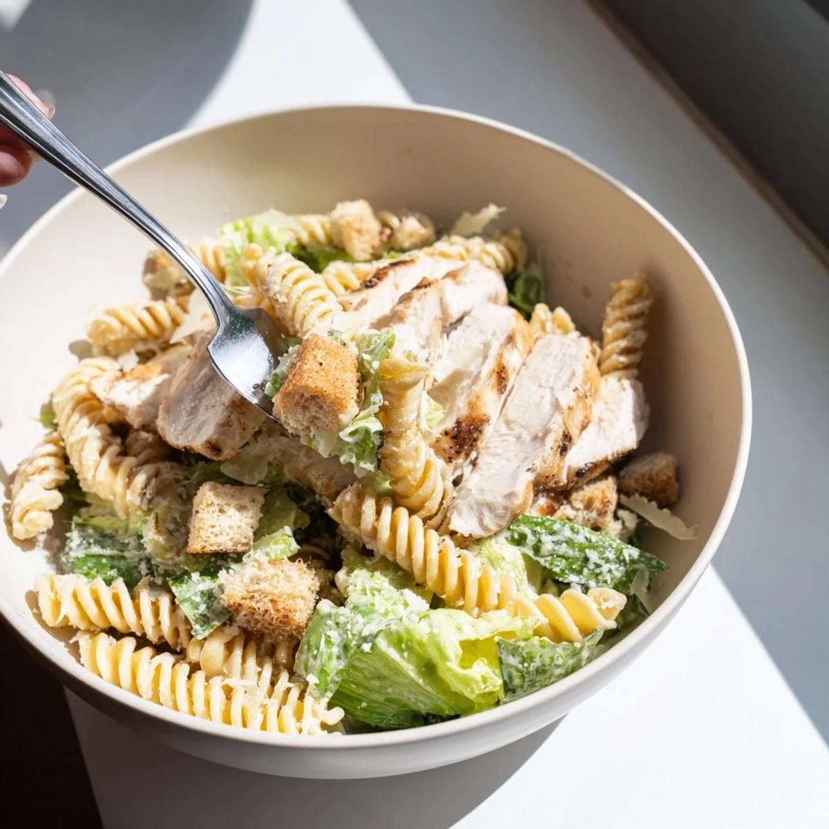 Steaming Caesar Pasta Chicken Bowl featuring al dente penne, golden chicken strips, crunchy croutons, and shaved Parmesan.
